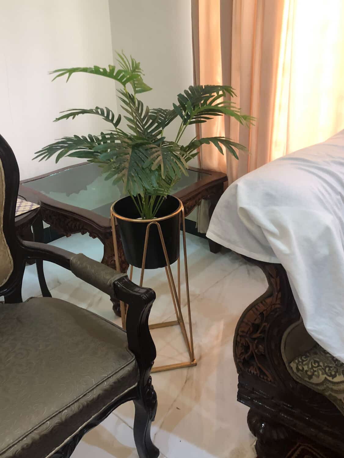 Artificial Areca Palm Plant in Black Pot with Golden Stand