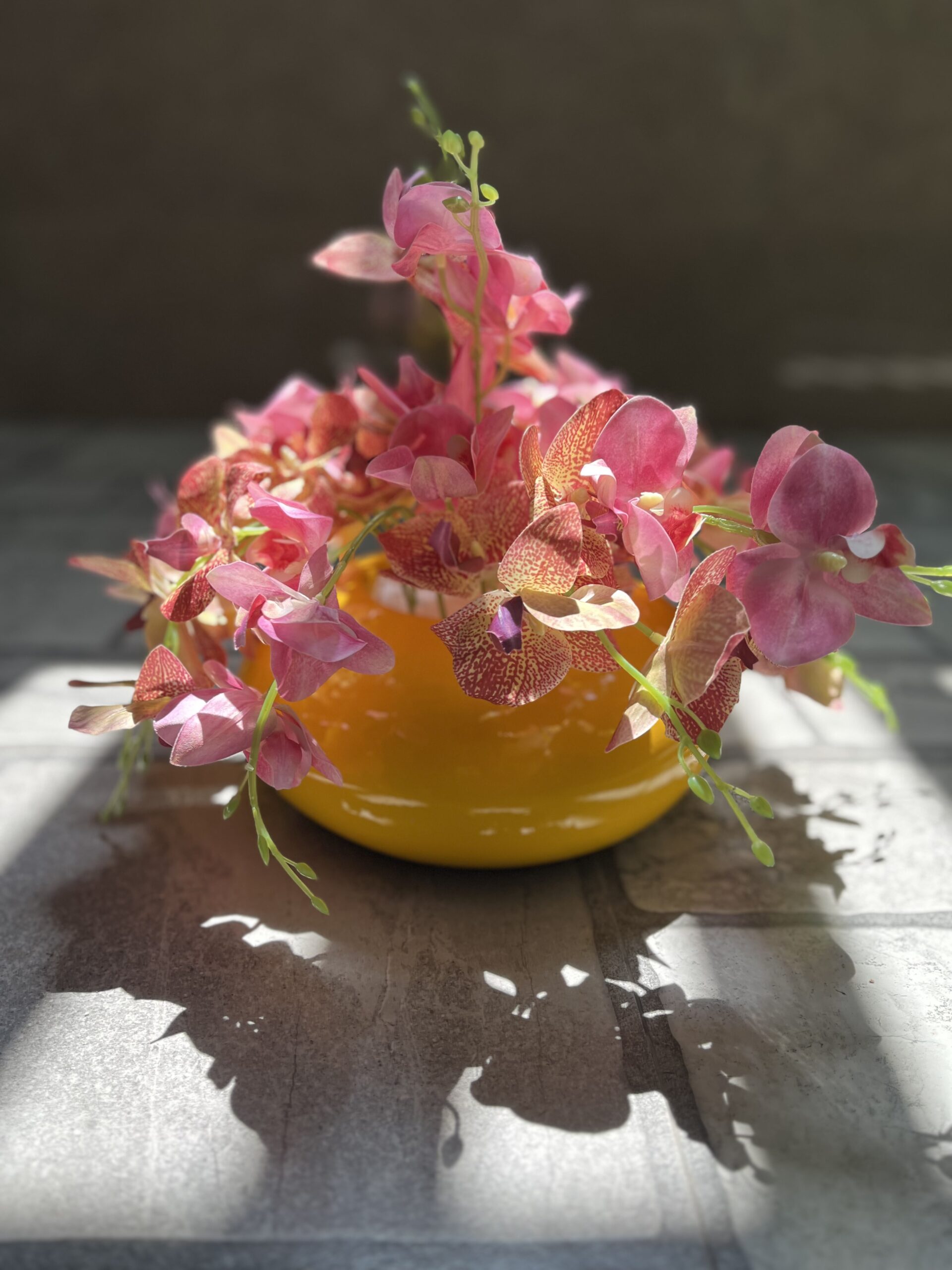 Pink Orchid Arrangement in Yellow Vase - Image 3