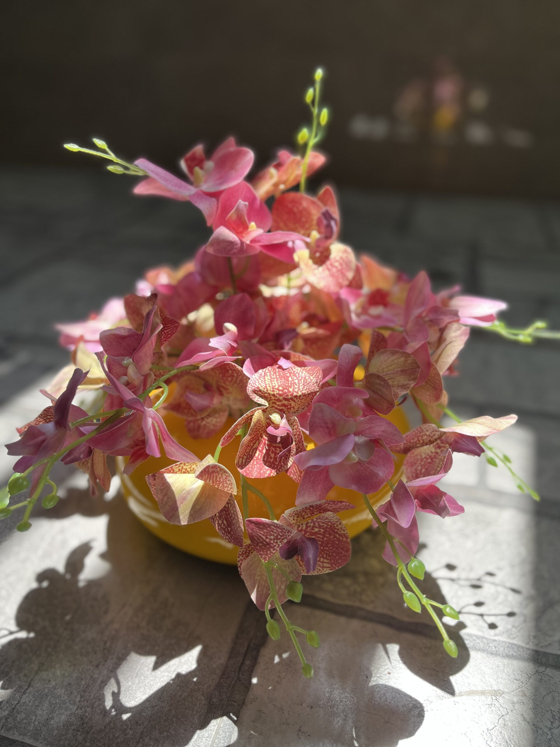 Pink Orchid Arrangement in Yellow Vase - Image 2