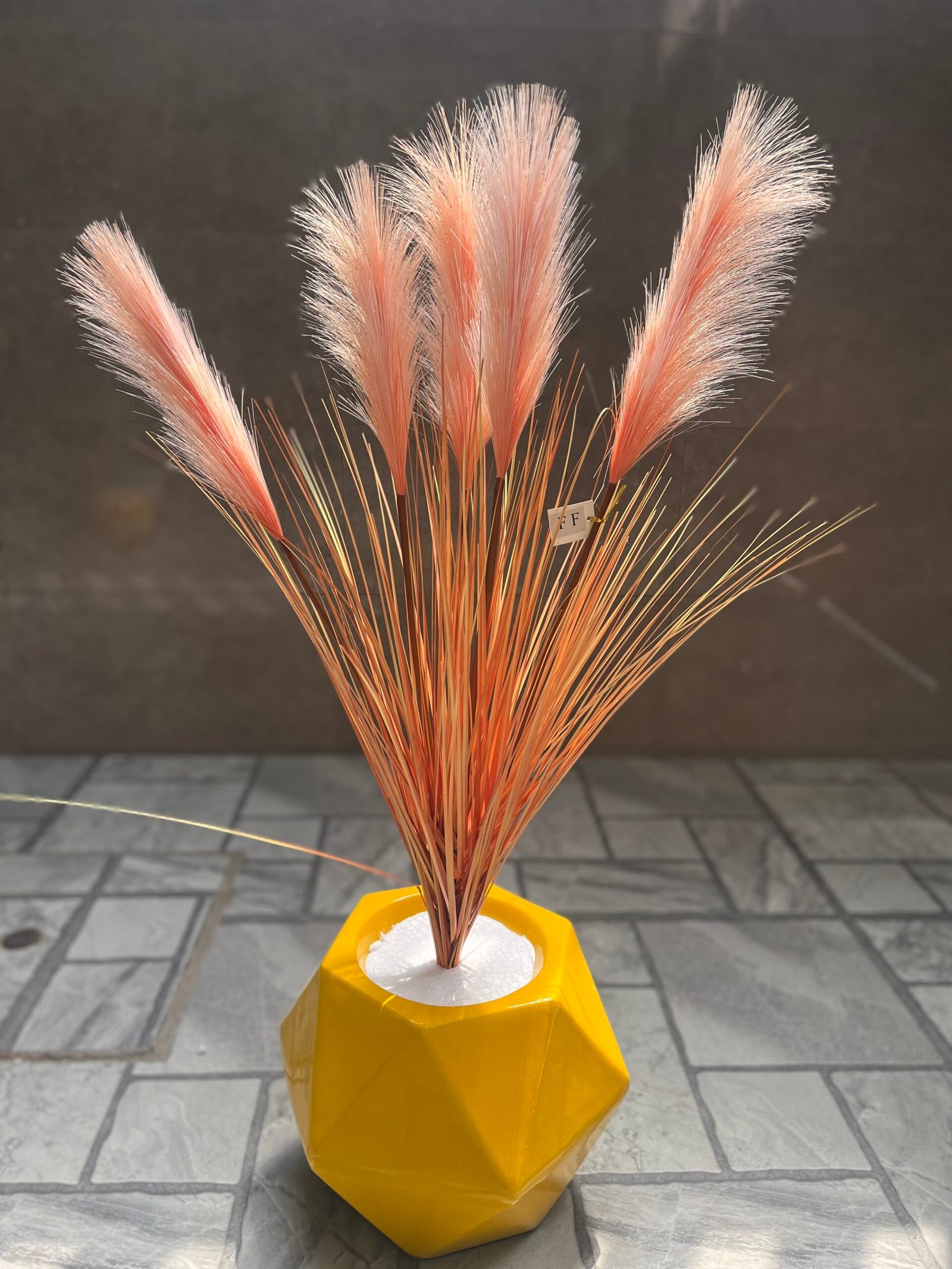 Sunset Glow Artificial Pampas Grass in Yellow Geometric Pot - Image 2
