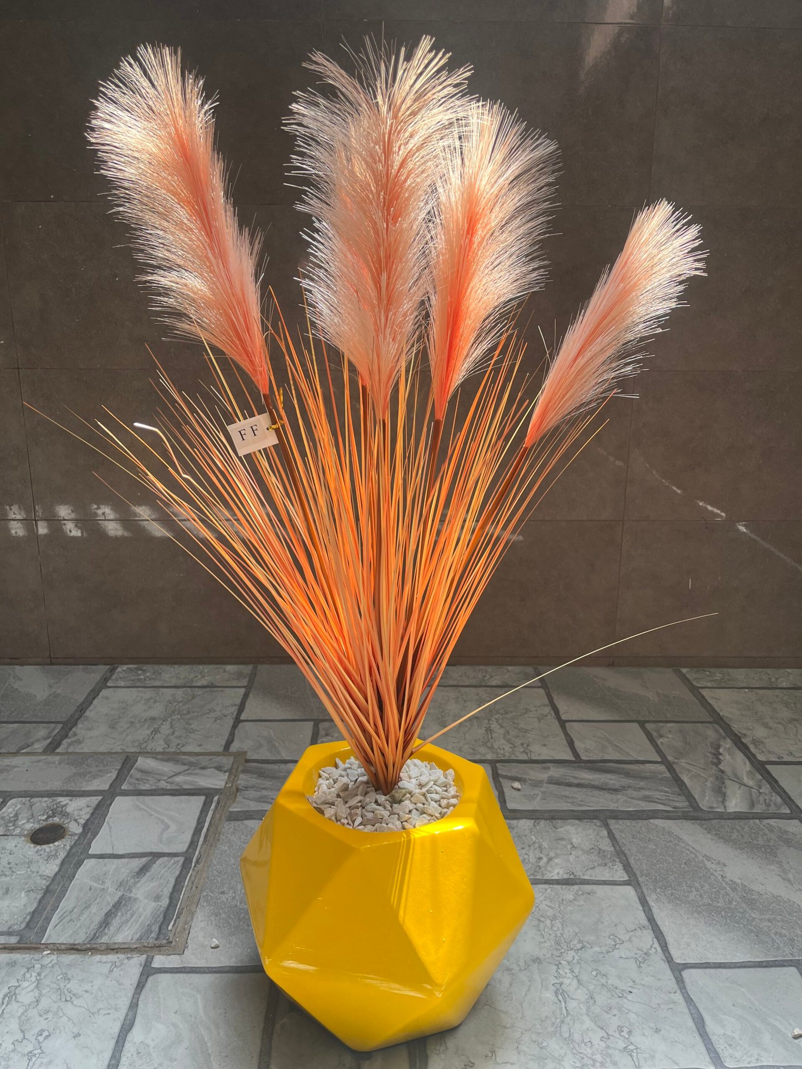 Sunset Glow Artificial Pampas Grass in Yellow Geometric Pot