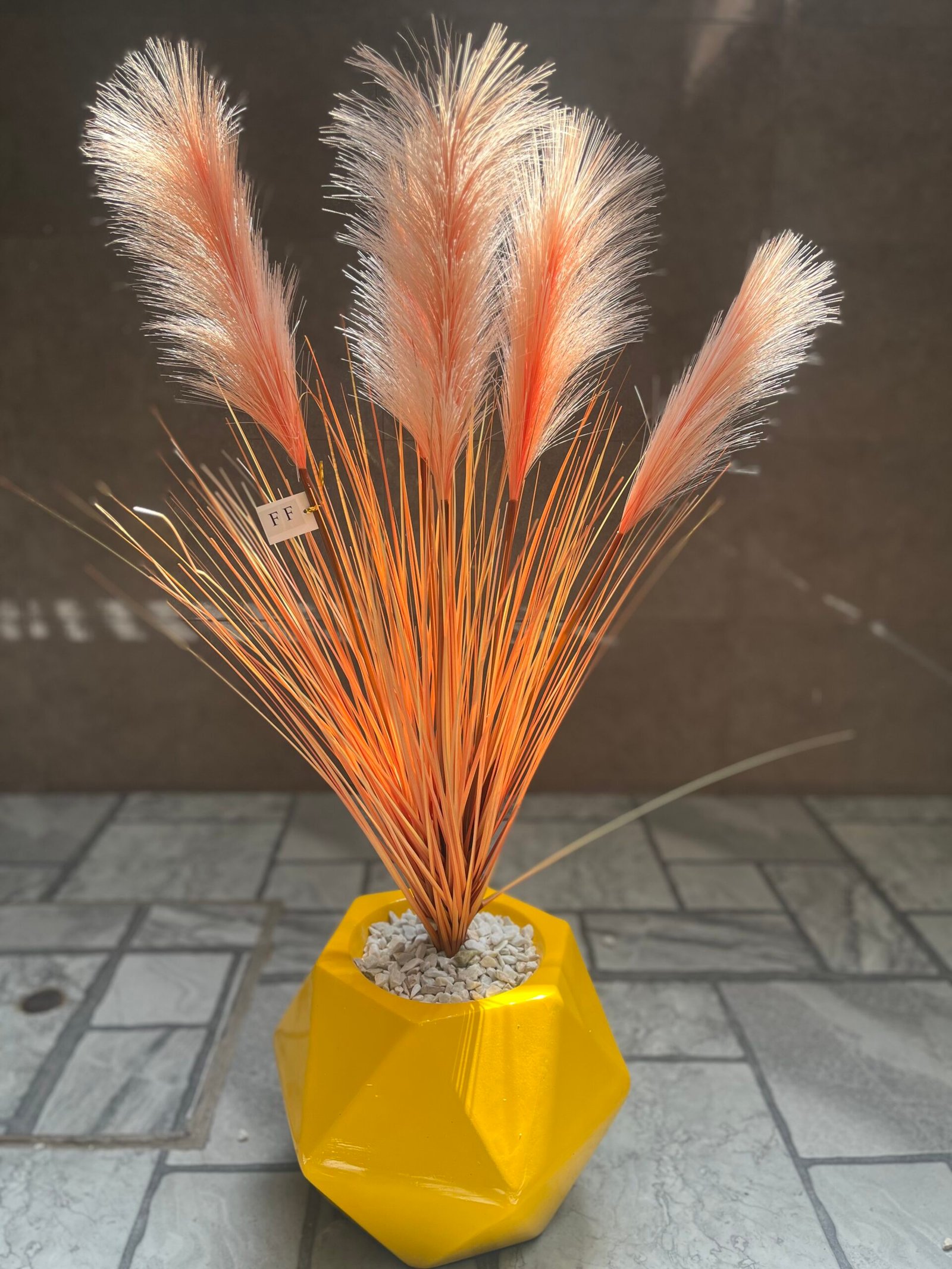 Sunset Glow Artificial Pampas Grass in Yellow Geometric Pot - Image 3