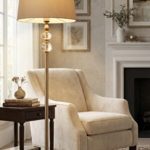 Brass and Double Crystal Sphere Floor Lamp