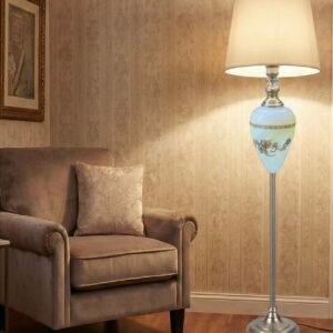 The Heritage Bloom: Hand-Painted Ceramic & Brushed Silver Floor Lamp