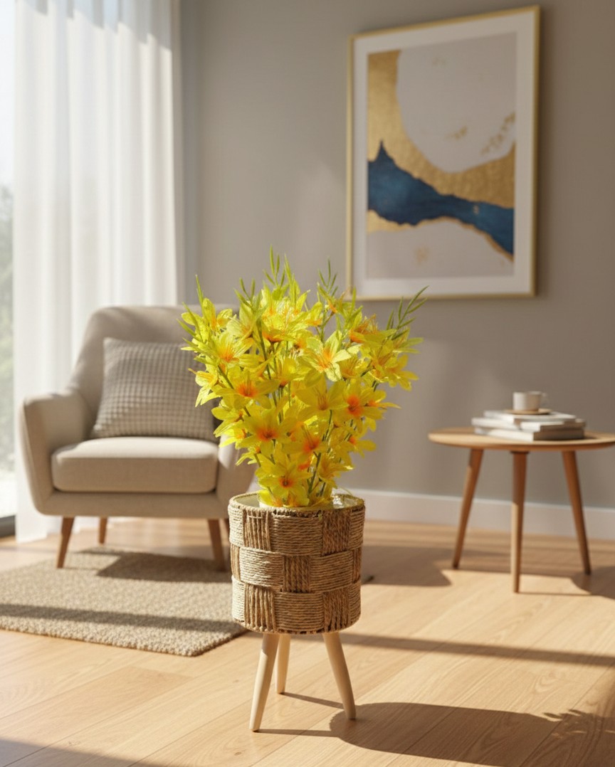 Tripod Woven Basket Planter with Artificial Yellow Lilies