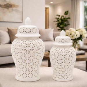 White Pierced Lattice Ginger Jars(Set of 2)