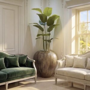 The Bronze Globe Urn Planter with banana plant