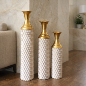 Luxury Gold & White Honeycomb Decorative Floor Vase Set (3 Pieces)