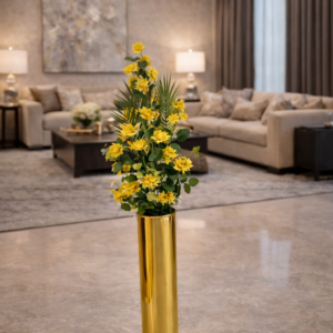 Golden Pillar Vase with Sun-Yellow Floral Arrangement