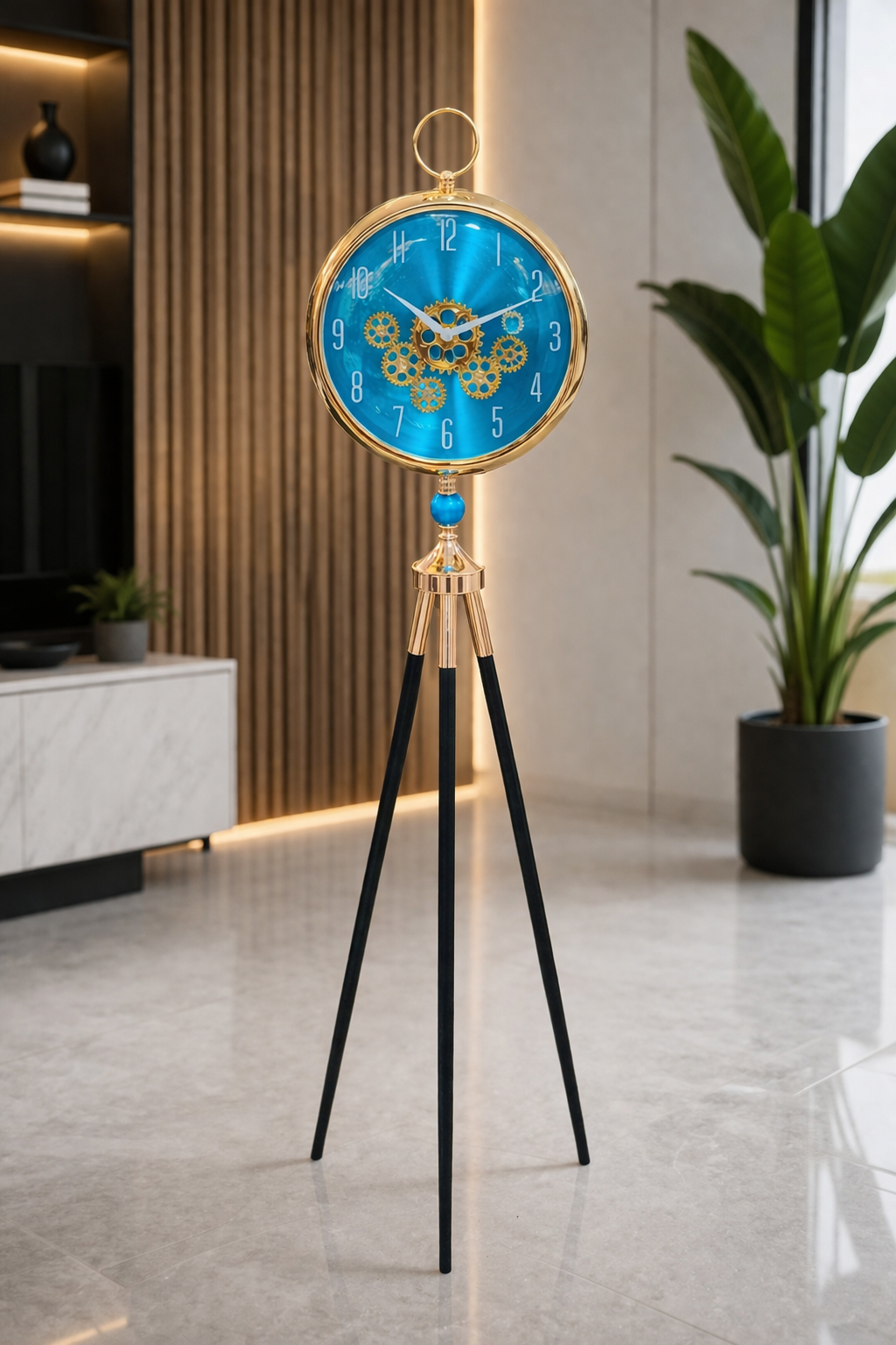 Industrial gear floor clock with tripod