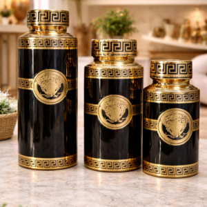 Black and Gold Greek Key Ceramic Jars
