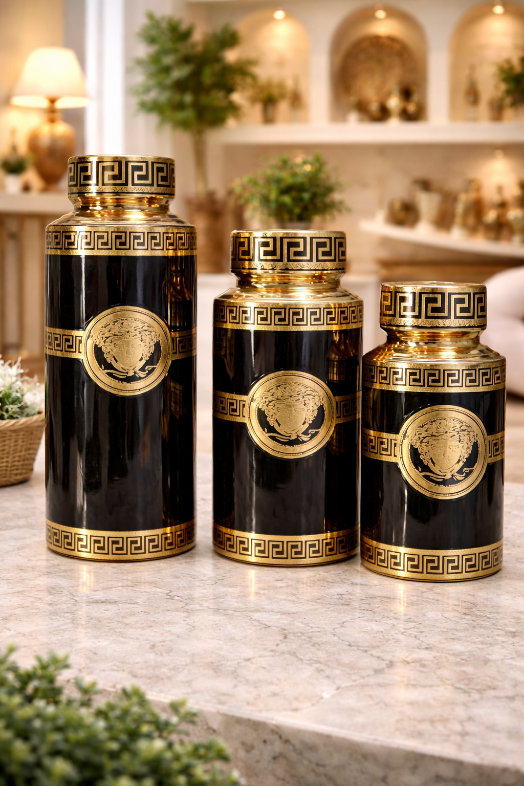 Black and Gold Greek Key Ceramic Jars