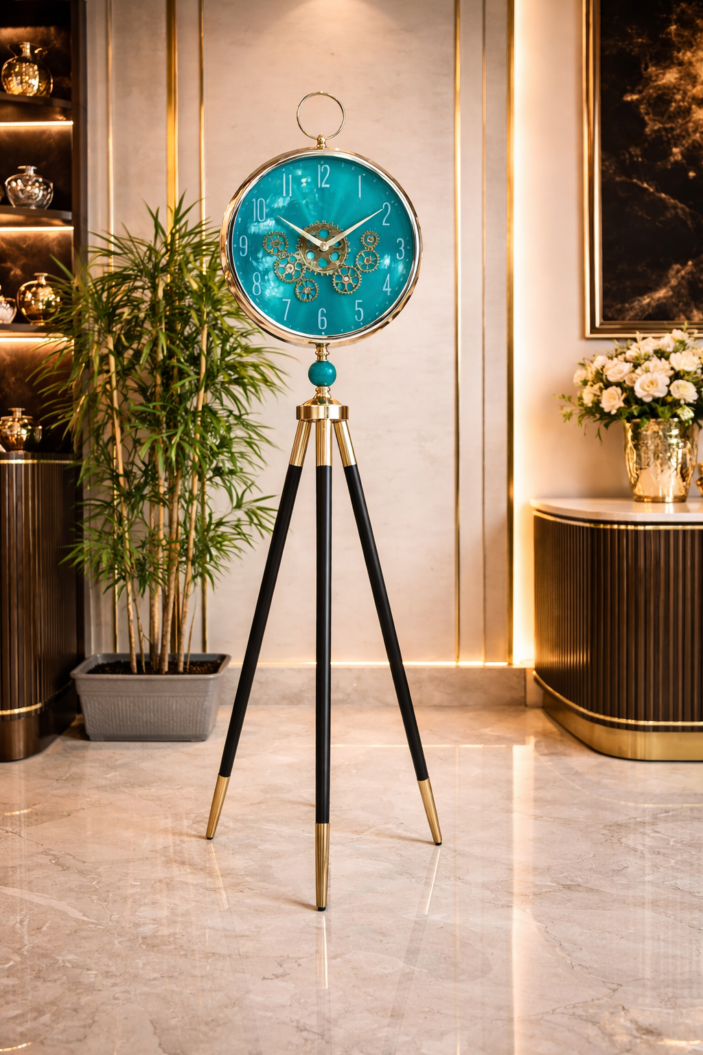 Industrial gear floor clock with tripod