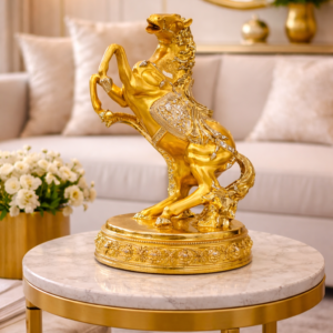 Gold Rearing Horse Sculpture on Marble Side Table