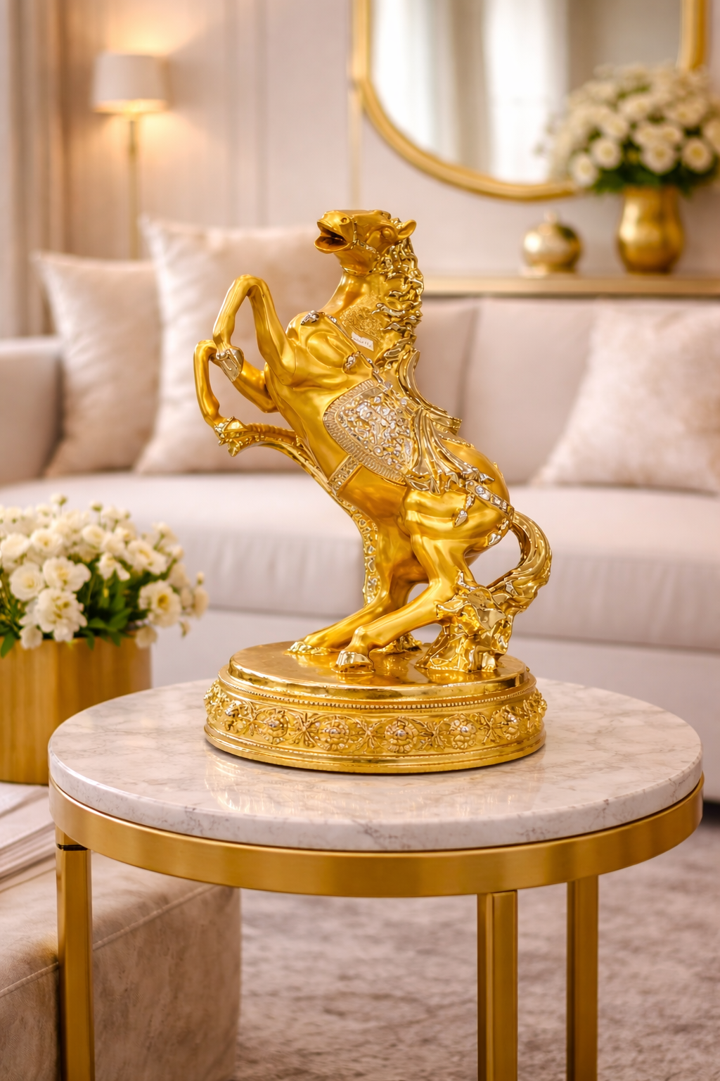 Gold Rearing Horse Sculpture on Marble Side Table