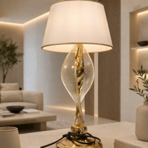 Elegant Minimalist Living Room with Sculptural Gold Lamp