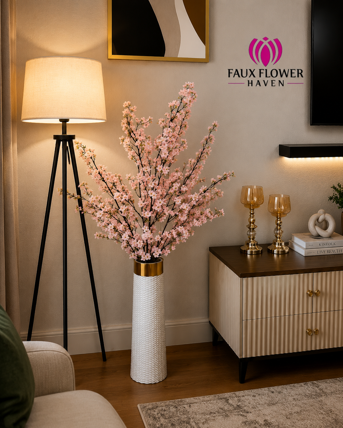 Elegant Pink Blossom Lamp & Plant Arrangement(combo)