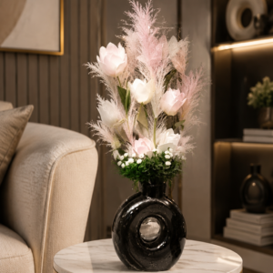 Circular Black Vase with Pink Tulips