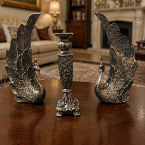 Antique Bronze Swan and Candlestick Set