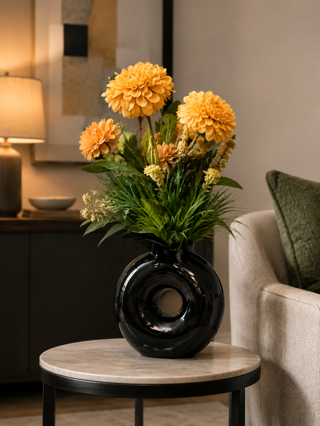 Circular Black Vase with Yellow Flowers