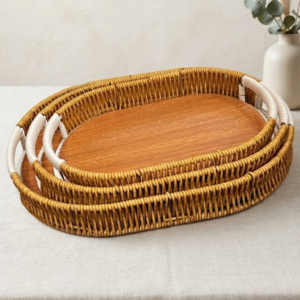 Artisanal Wooden-Base Rattan Nesting Trays