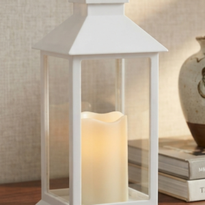 White Glass-Paneled LED Pillar Candle Lantern