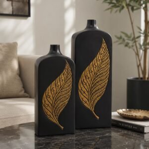 Golden Leaf Matte Black Decorative Vase Set of 2