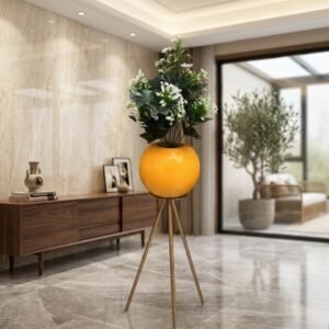 Spherical Yellow Vase with White Florals on Tripod Stand