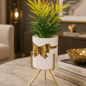 Luxury White & Gold Planter with Artificial Green Plant