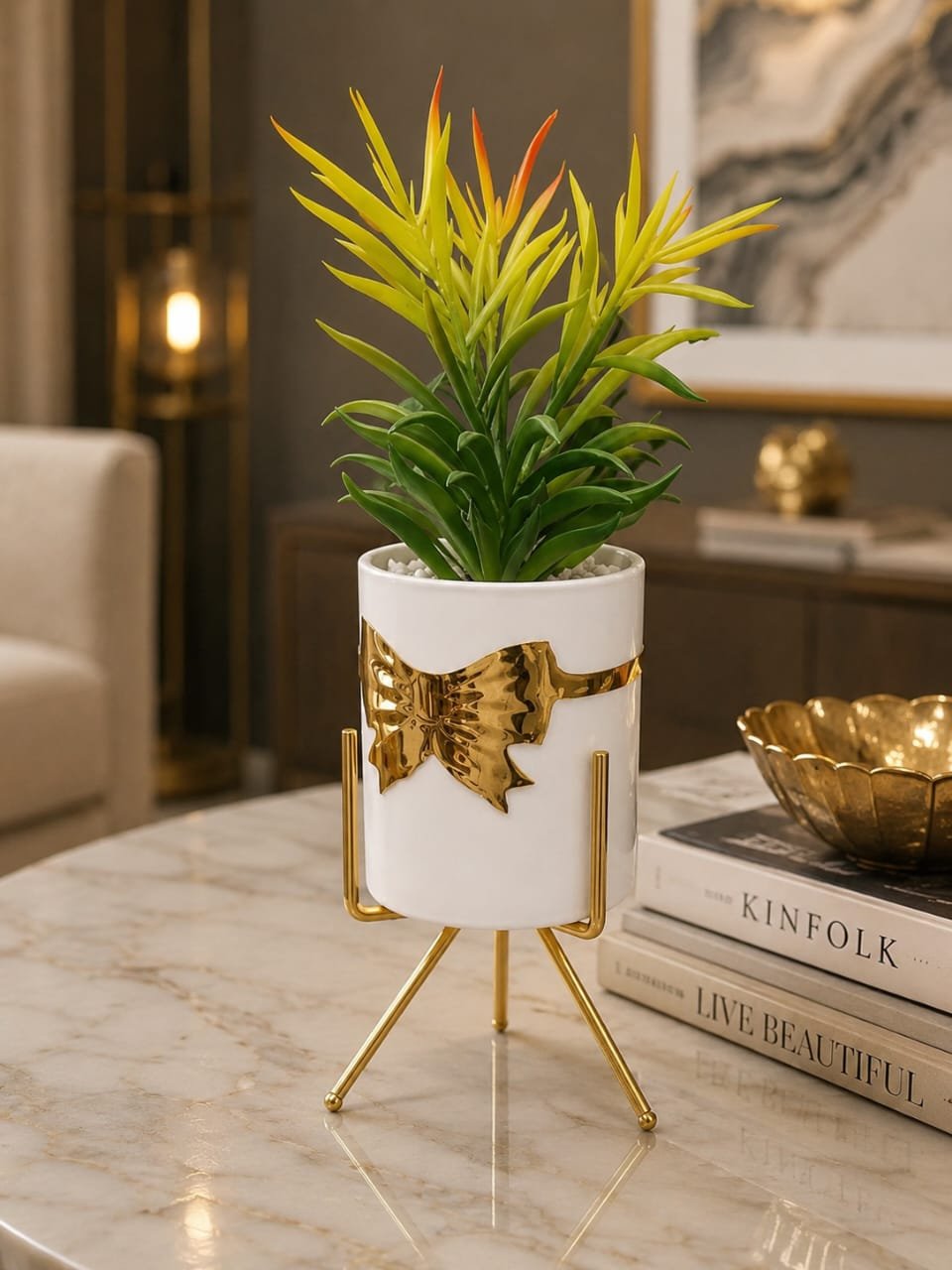 Luxury White & Gold Planter with Artificial Green Plant