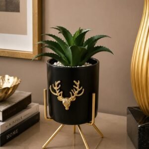 Luxury Black & Gold Deer Planter with Artificial Succulent
