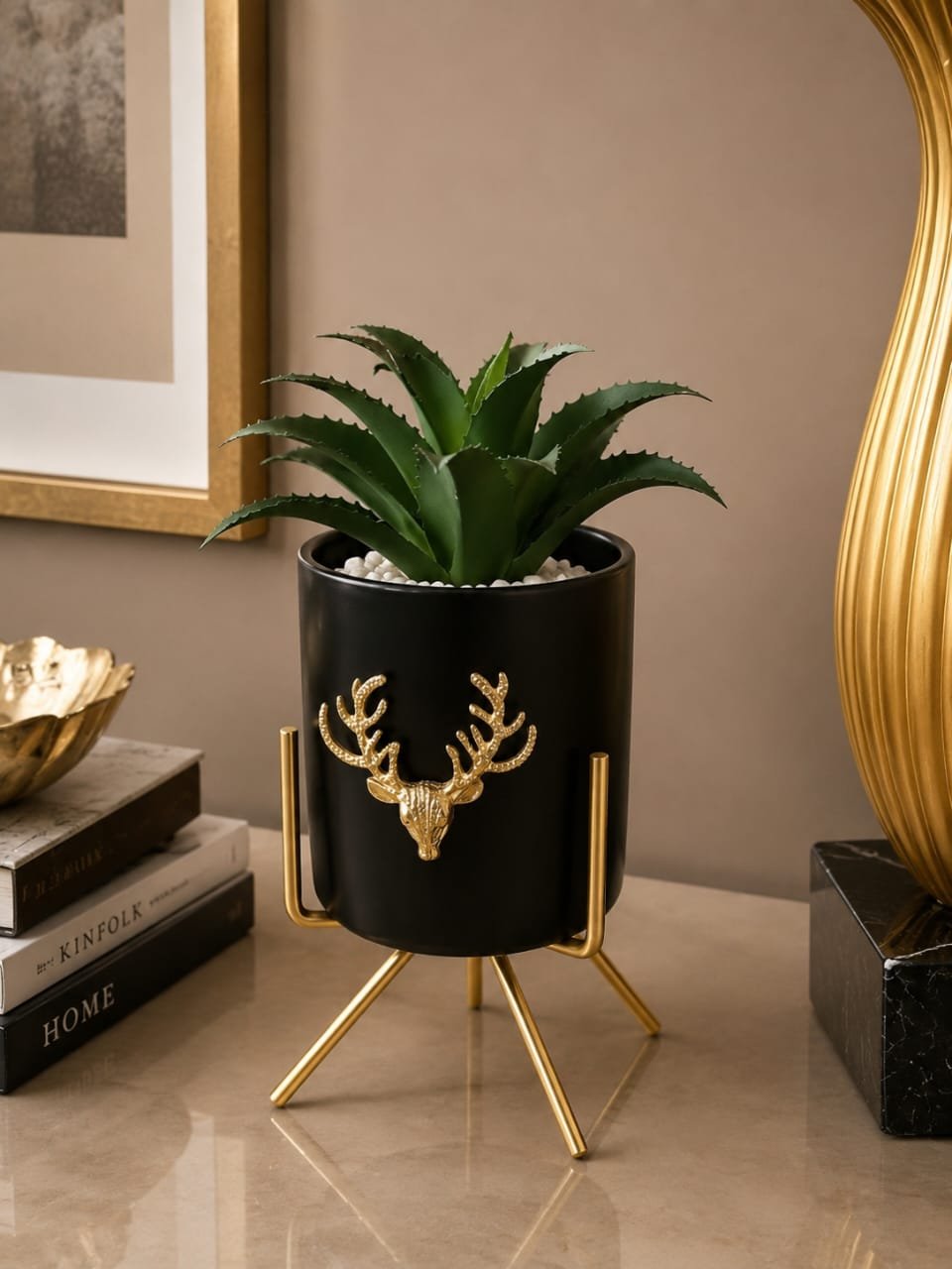Luxury Black & Gold Deer Planter with Artificial Succulent