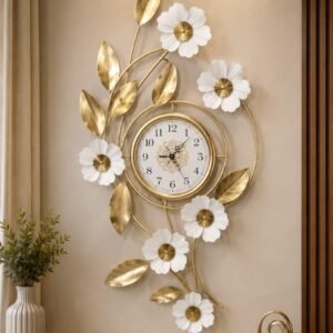 Luxury Golden Floral Wall Clock with White Flowers
