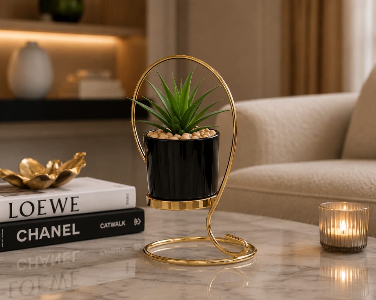 Modern Gold-Framed Artificial Succulent Planter