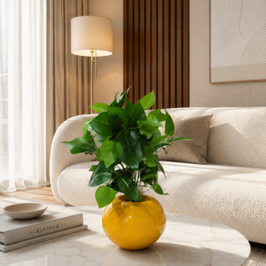 Luna Yellow Ceramic Planter with Lush Green Foliage