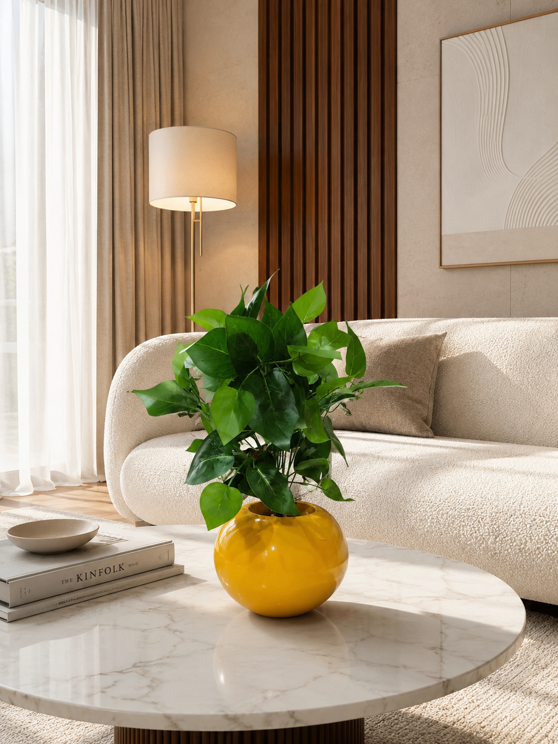 Luna Yellow Ceramic Planter with Lush Green Foliage