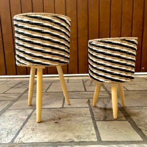 Set of 2 Striped Woven Plant Pots with Wooden Legs