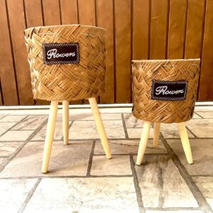 Set of 2 Rattan Style Flower Pots with Wooden Legs