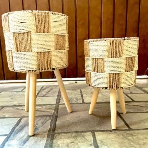Set of 2 Natural Jute Woven Plant Pots with Wooden Legs
