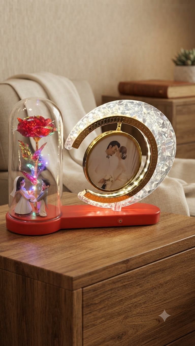 Enchanted Rose Dome & Crystal Crescent Custom Photo Lamp