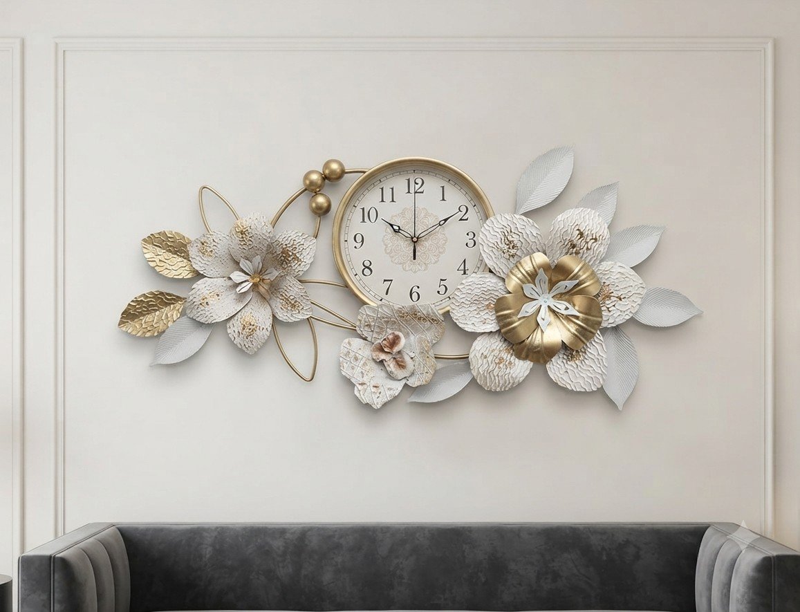 Golden and White Floral Wall Clock Decor