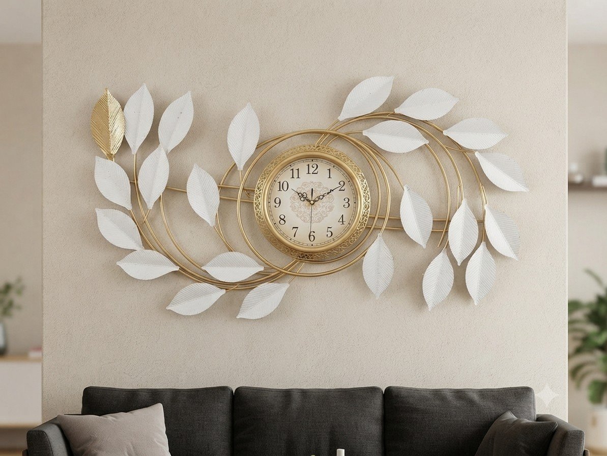 Golden and White Leaf Wall Clock Decor