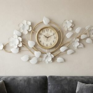 Golden and White Floral Wall Clock Decor