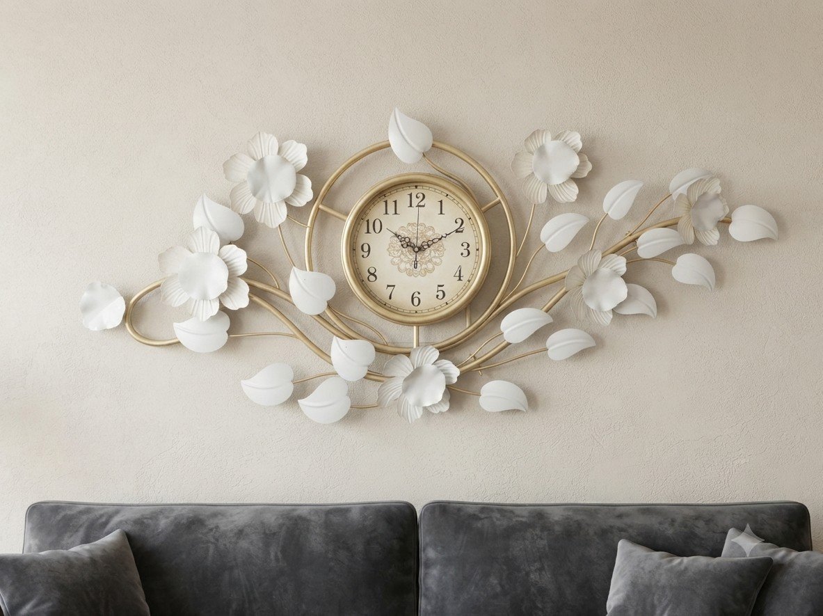 Golden and White Floral Wall Clock Decor