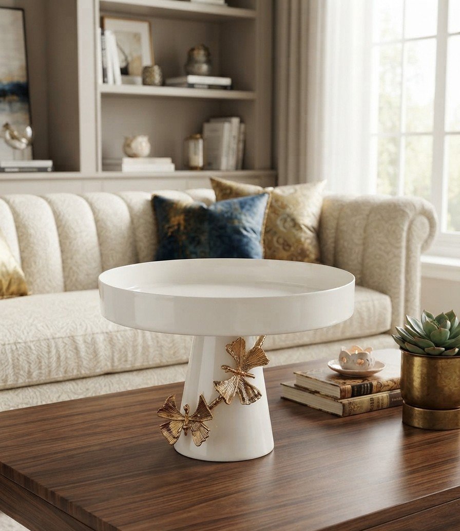 White and Gold Floral Pedestal Tray
