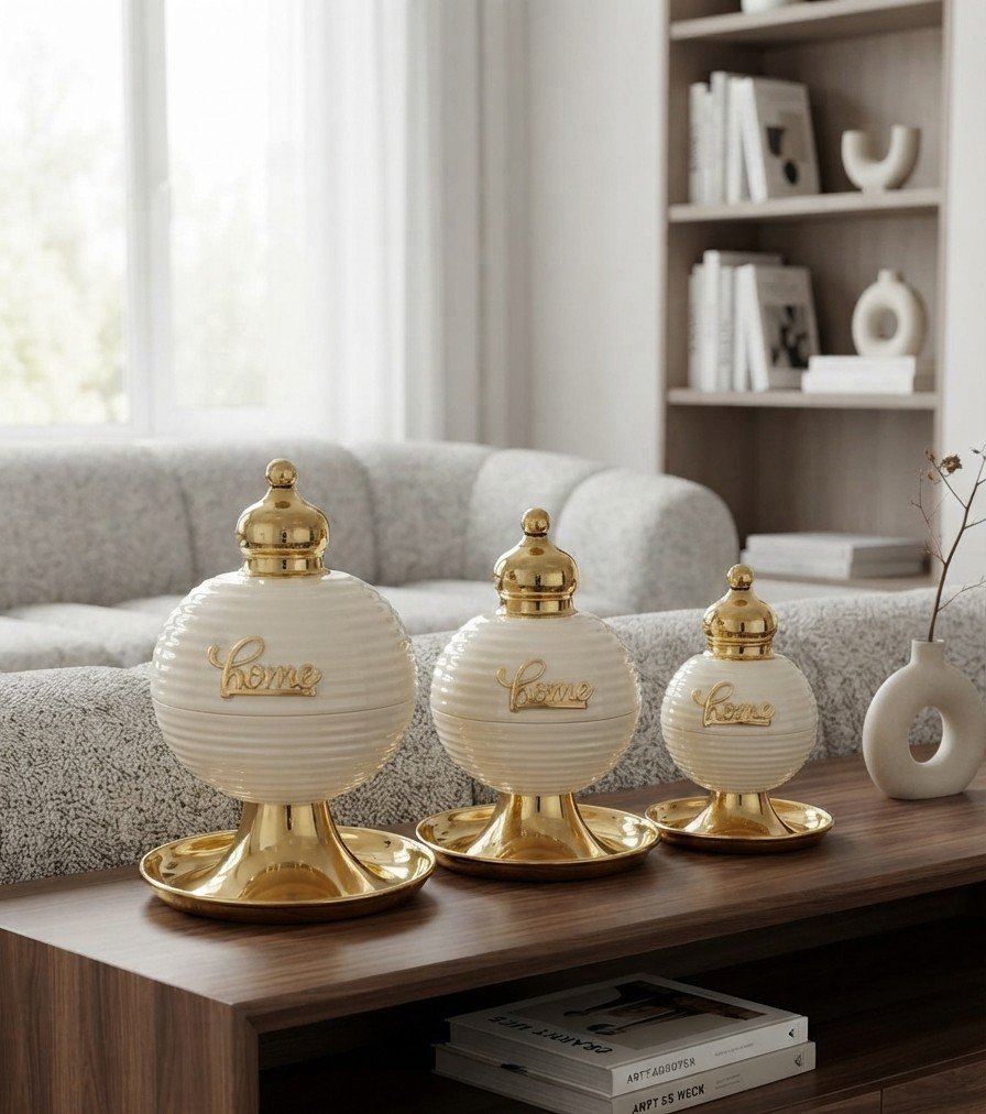 White and Gold "Home" Decorative Jar Set
