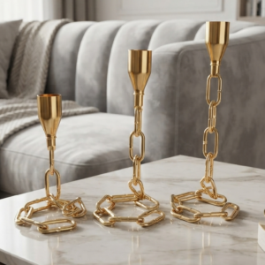 Modern Gold Interlinked Chain Candle Holder Set