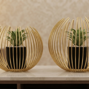 Gold Slatted Ribbed Planter Set