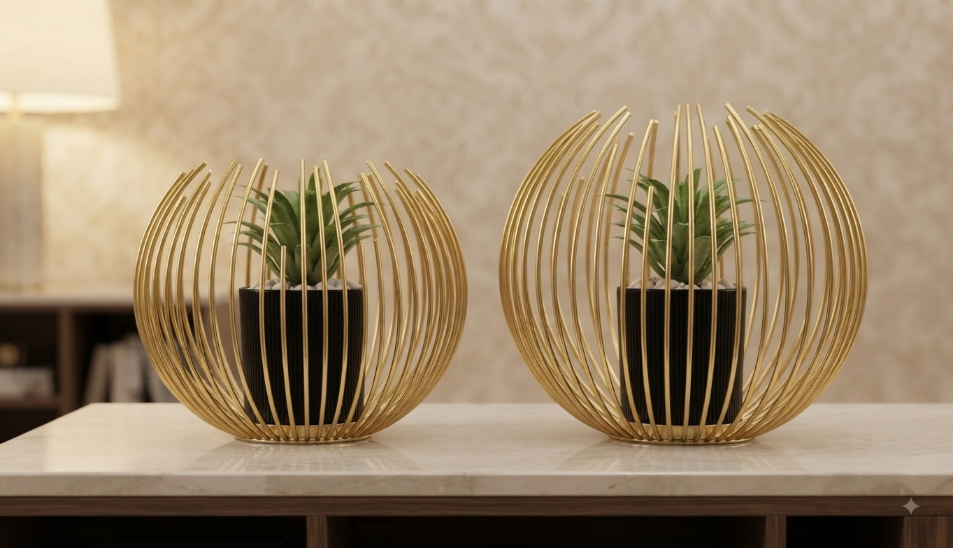 Gold Slatted Ribbed Planter Set