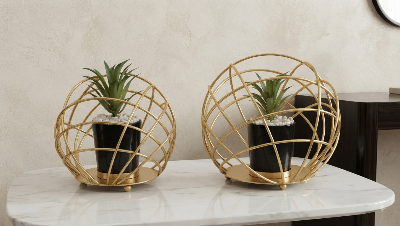 Gold Geometric Sphere Planter Set
